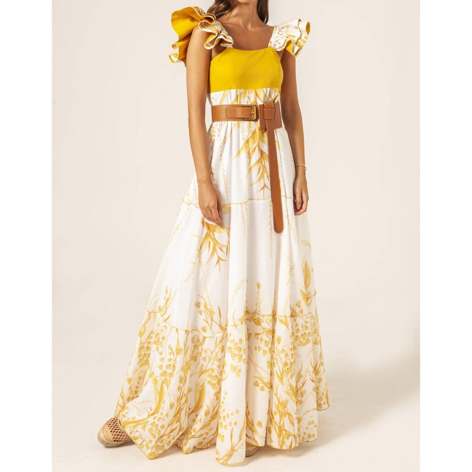 New Masavi Leafs Shoulder Ruffle Dress In Mustard